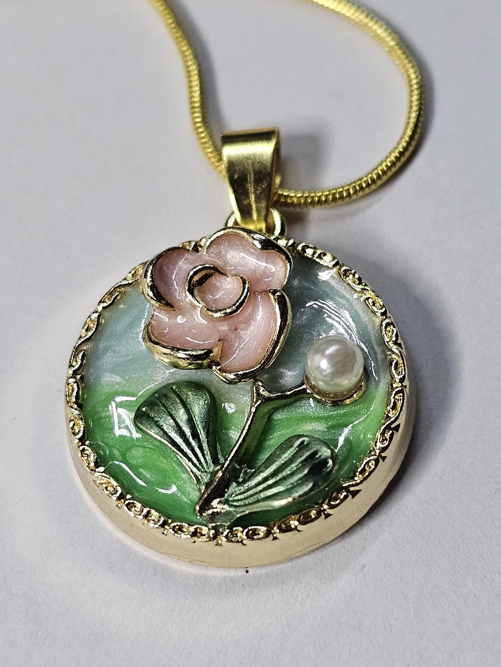 Gold Pendant Necklace with Pink Rose and Green Enamel